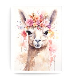 Watercolor Cute Floral Llama Wall Art Illustration Print Poster Card Unframed